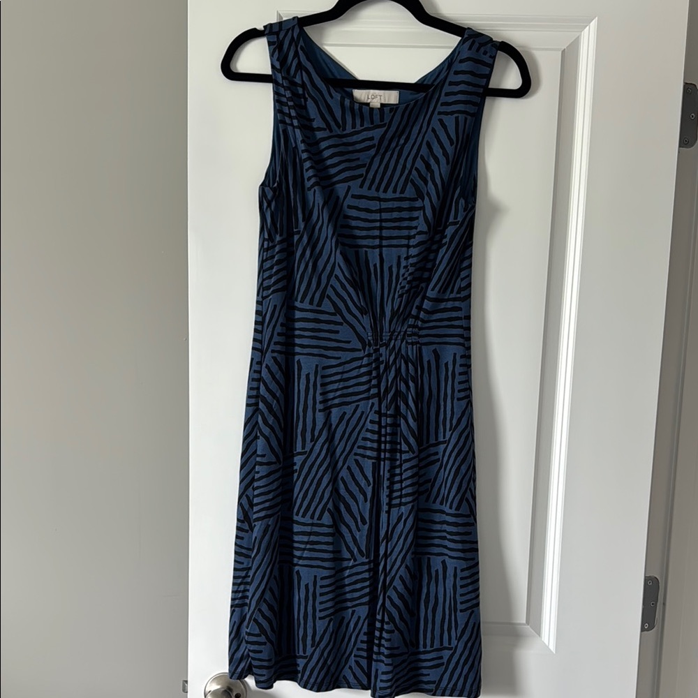 LOFT Navy and Black Geometric Sleeveless Midi Dress